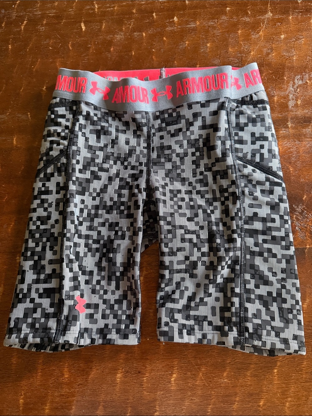 Under Armour Gray Pixel Camo Compression Shorts with Pink Waistband